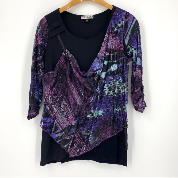 Svetlana Purple and Black Layered 3/4 Sleeve Top, Small - Picture 11 of 15
